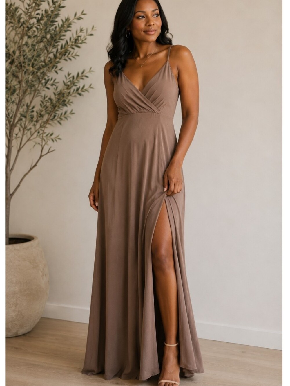 NWT Windsor Taupe-Brown Draped Spaghetti-Strap Maxi Dress High Split